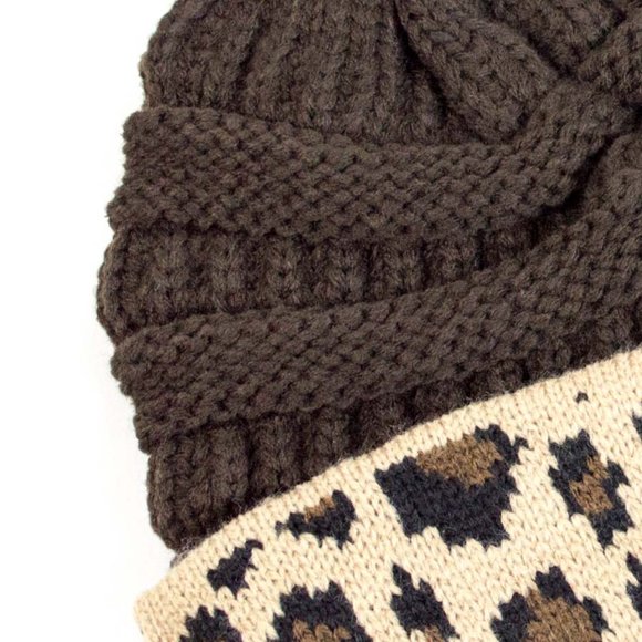 C.C® Brown & Beige Leopard-Fold Beanie - Picture 6 of 8